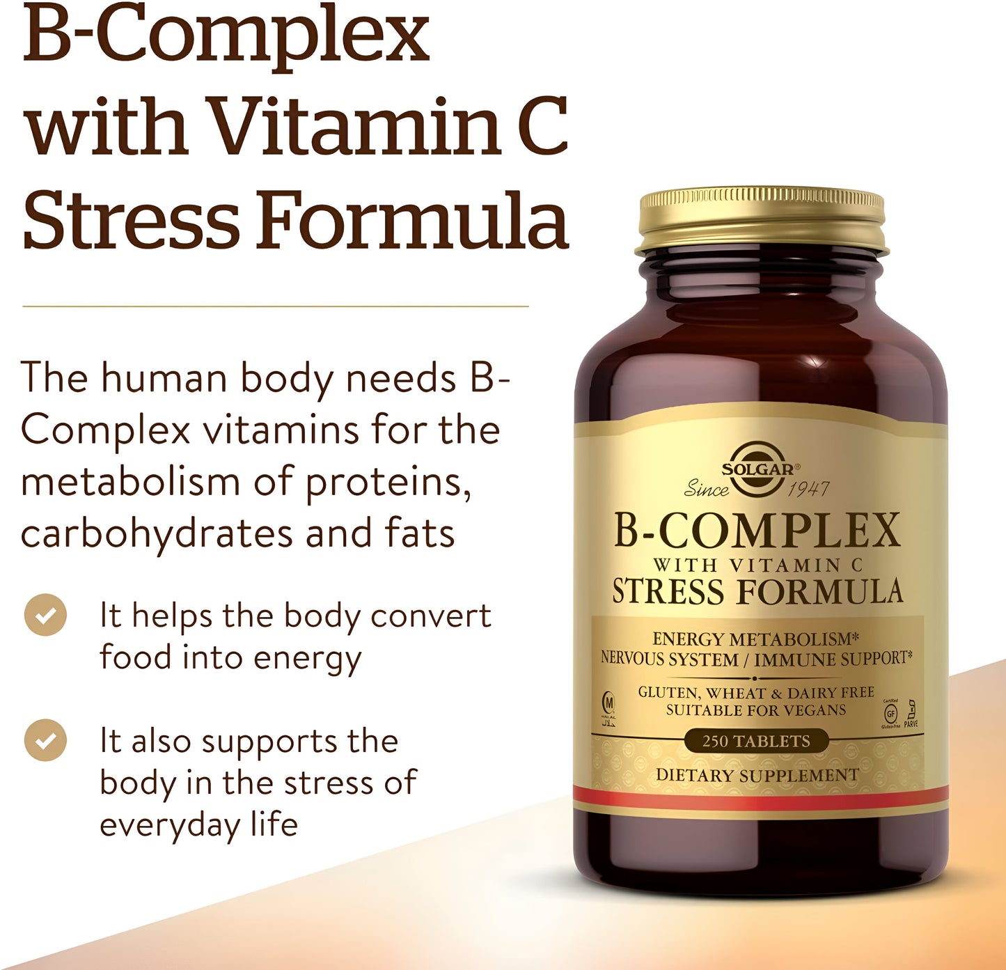 Solgar B-Complex con fórmula de estrés de vitamina C, 250 comprimidos