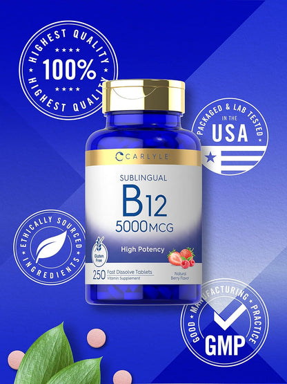 Carlyle Vitamina B12 5000mcg | 250 tabletas de disolución rápida | Sabor natural de bayas | Vegetariano, sin OMG, sin gluten