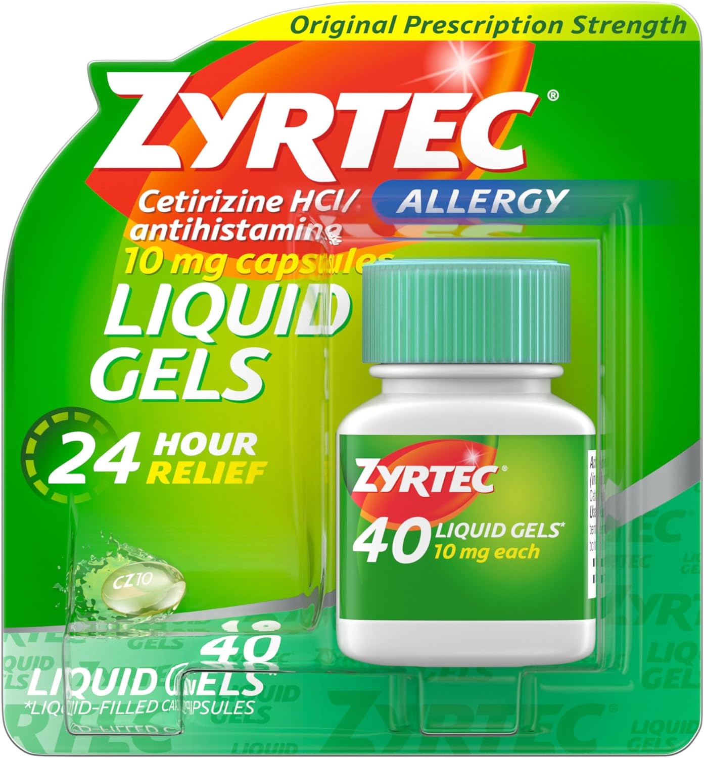 Zyrtec, Geles líquidos contra alergia, alivio por 24 horas, 40 unidades