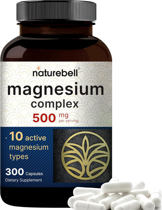 Nature Bell - Suplemento complejo de magnesio de 500 mg,  10 tiipos de magnesio en 1 - 300 cápsulas