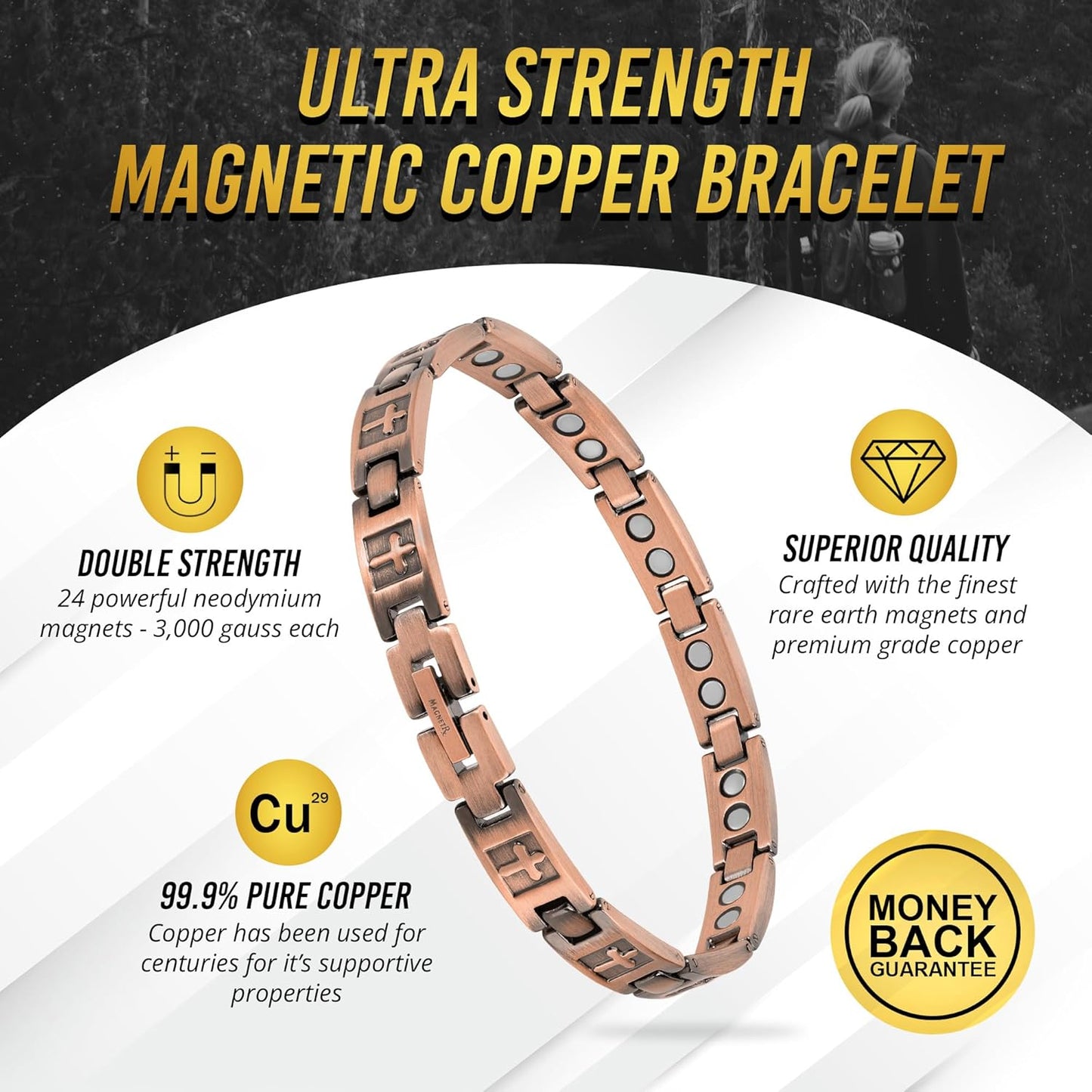 MagnetRX Pulseras de cruz de cobre para mujer, pulsera magnética eficaz con cruz, pulsera ajustable con herramienta de tamaño incluida (estilo cruzado)