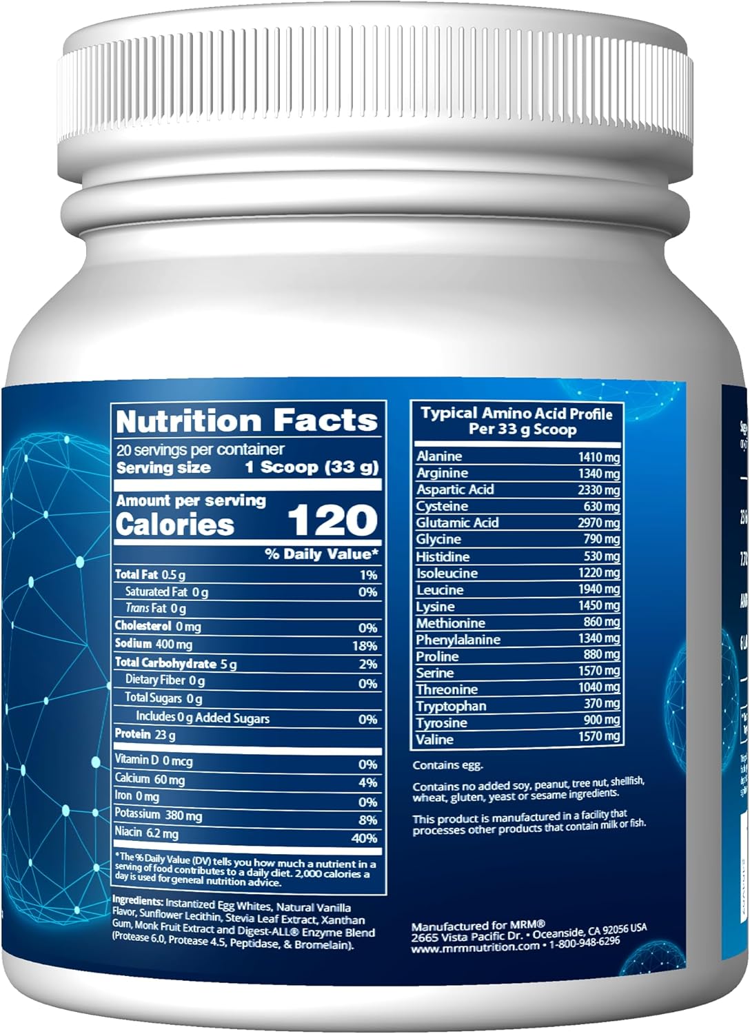 MRM Nutrition - Proteína de clara de huevo | Sabor a vainilla | 0.81 oz de proteína sin grasa | con enzimas digestivas | Valor biológico más alto | Clínicamente probado | 20 porciones