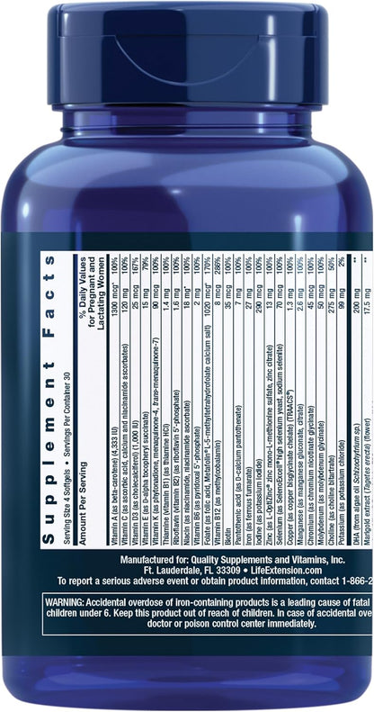 Life Extension Prenatal Advantage 120 softgels multivitamínico completo - Choline + Ácido Fólico + DHA