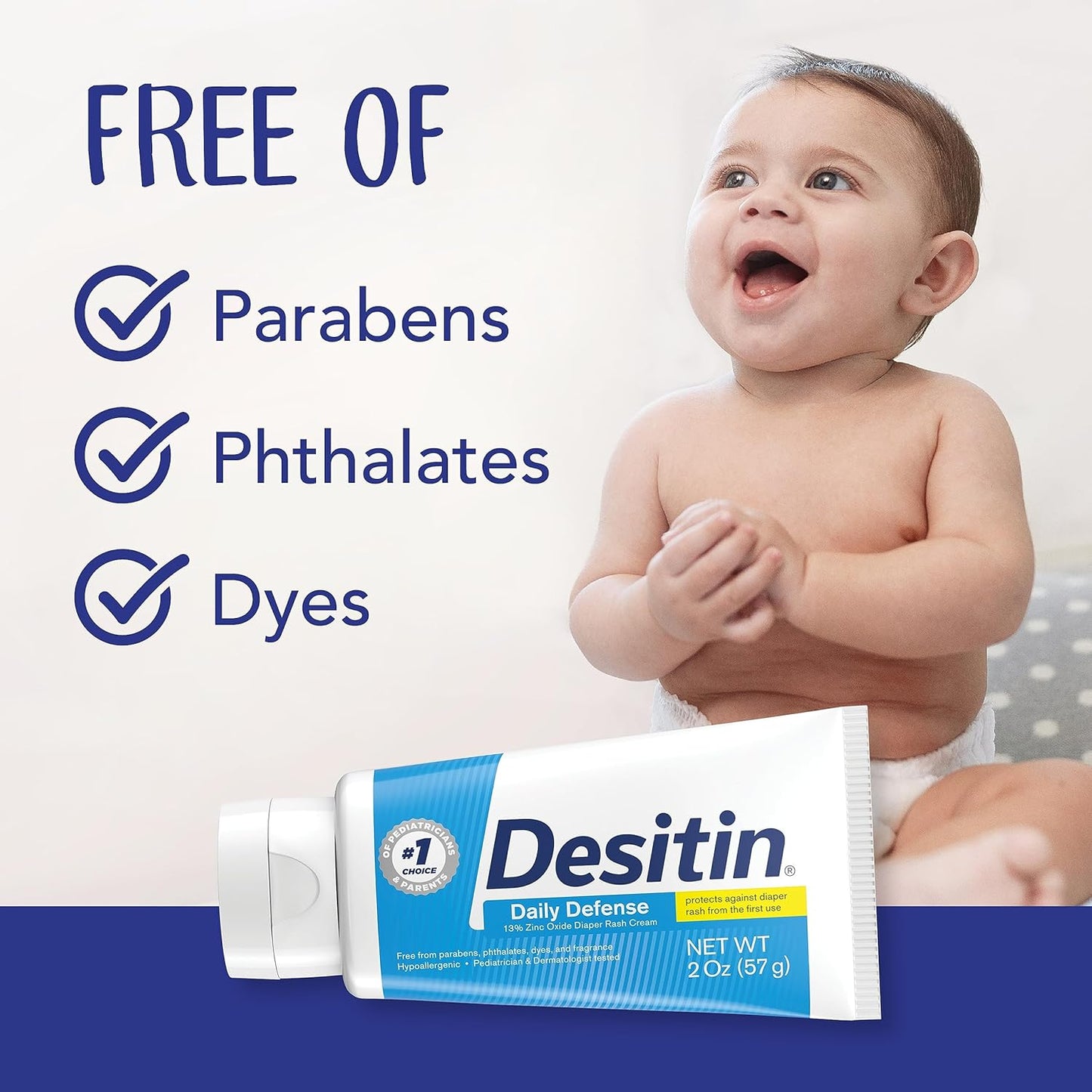 Desitin Daily Defense - Crema antidermatitis para pañales con óxido de zinc para tratar, aliviar y prevenir la dermatitis del pañal, hipoalergénica, sin colorantes, ftalatos ni parabenos, 4.8 onzas