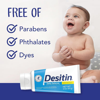 Desitin Daily Defense - Crema antidermatitis para pañales con óxido de zinc para tratar, aliviar y prevenir la dermatitis del pañal, hipoalergénica, sin colorantes, ftalatos ni parabenos, 4.8 onzas