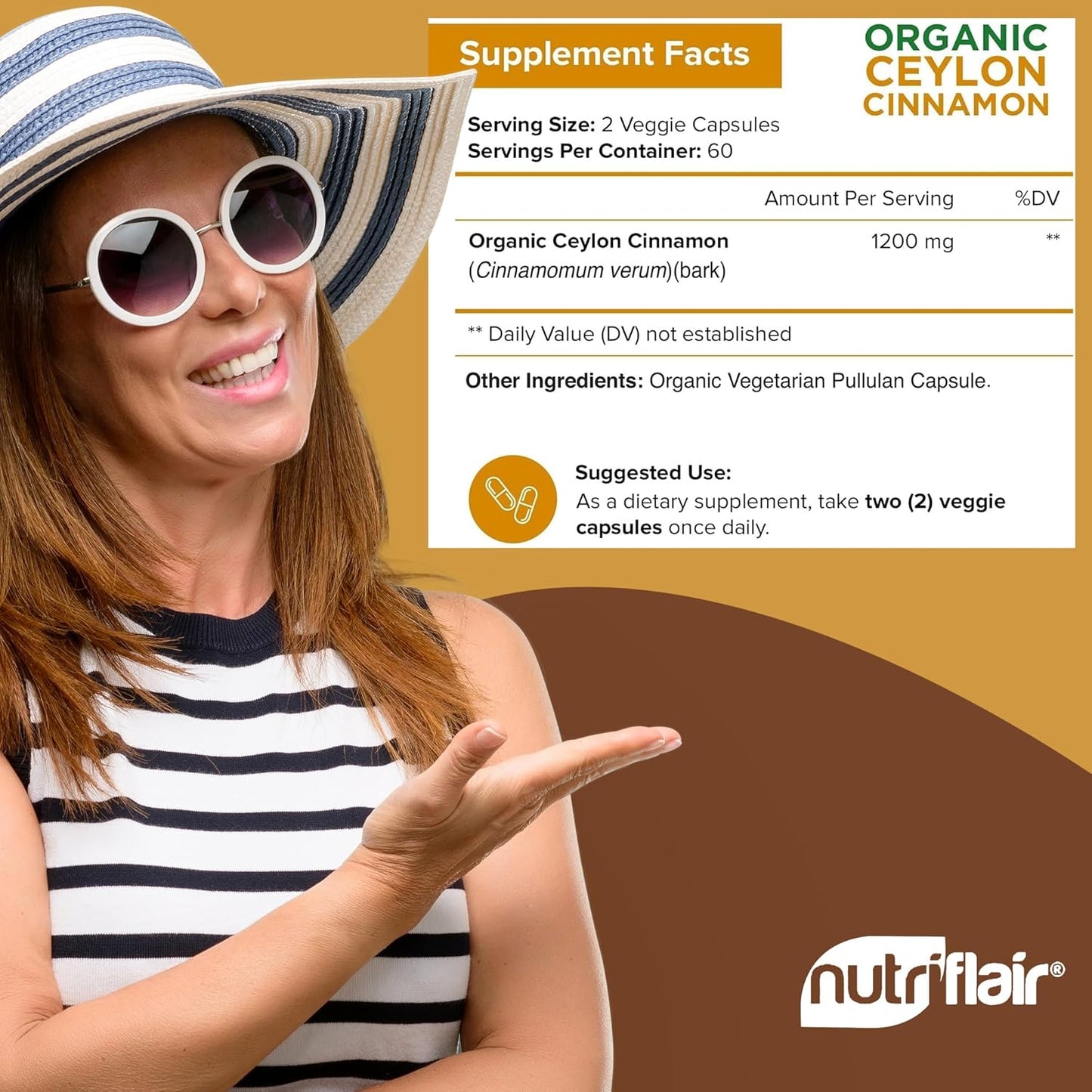 NutriFlair Organic Ceylon Cinnamon 1200mg, 120 Capsulas