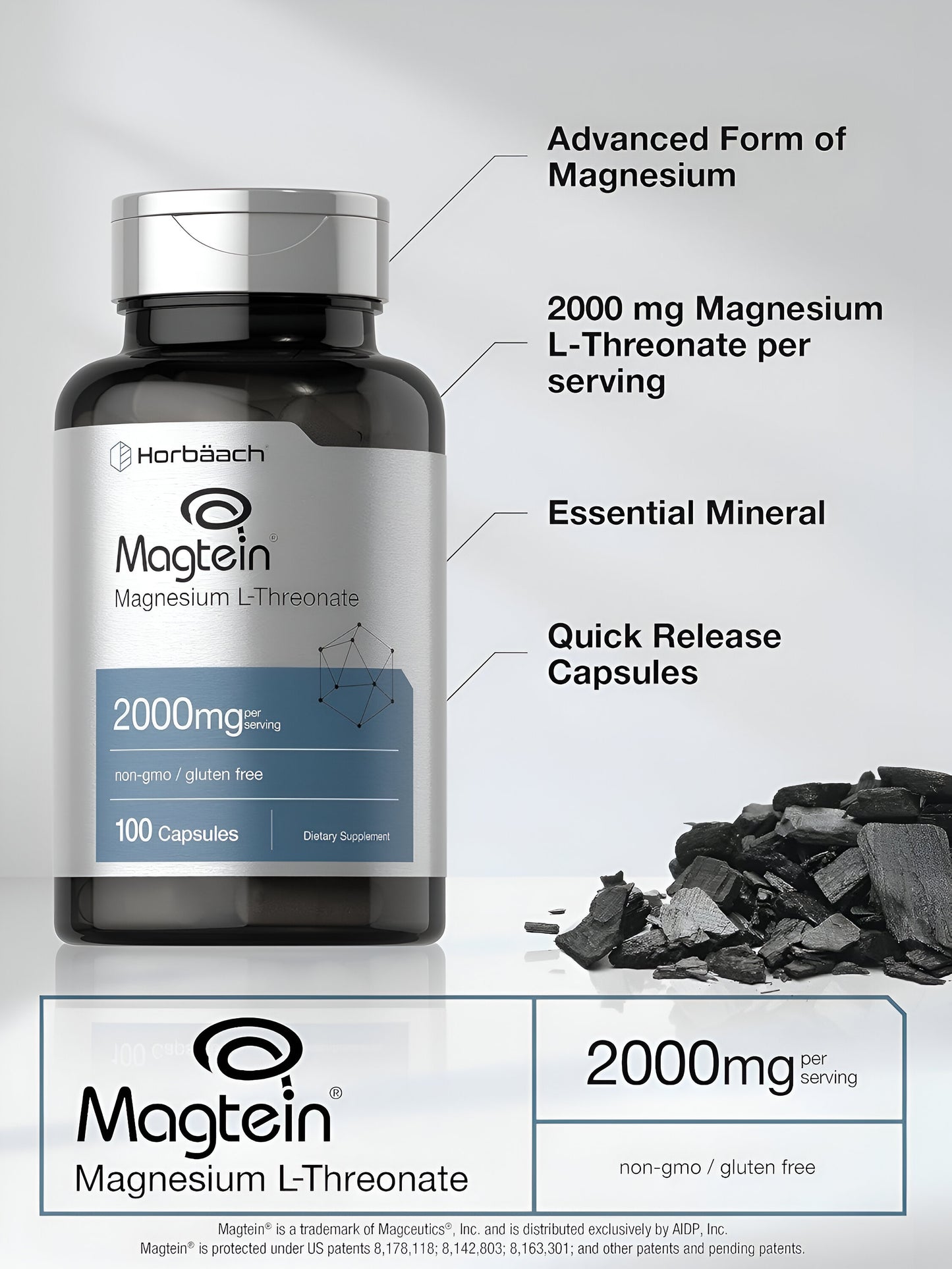 Magtein L-Threonate  2000 mg | 100 cápsulas Sin OMG y sin gluten  Horbaach