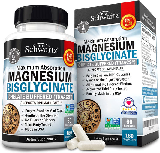 Bisglicinato de magnesio 100% efecto no laxante - Máxima absorción y totalmente reaccionado y tamponado - Energía saludable muscular y apoyo articular - sin OMG -180 mini capsulas