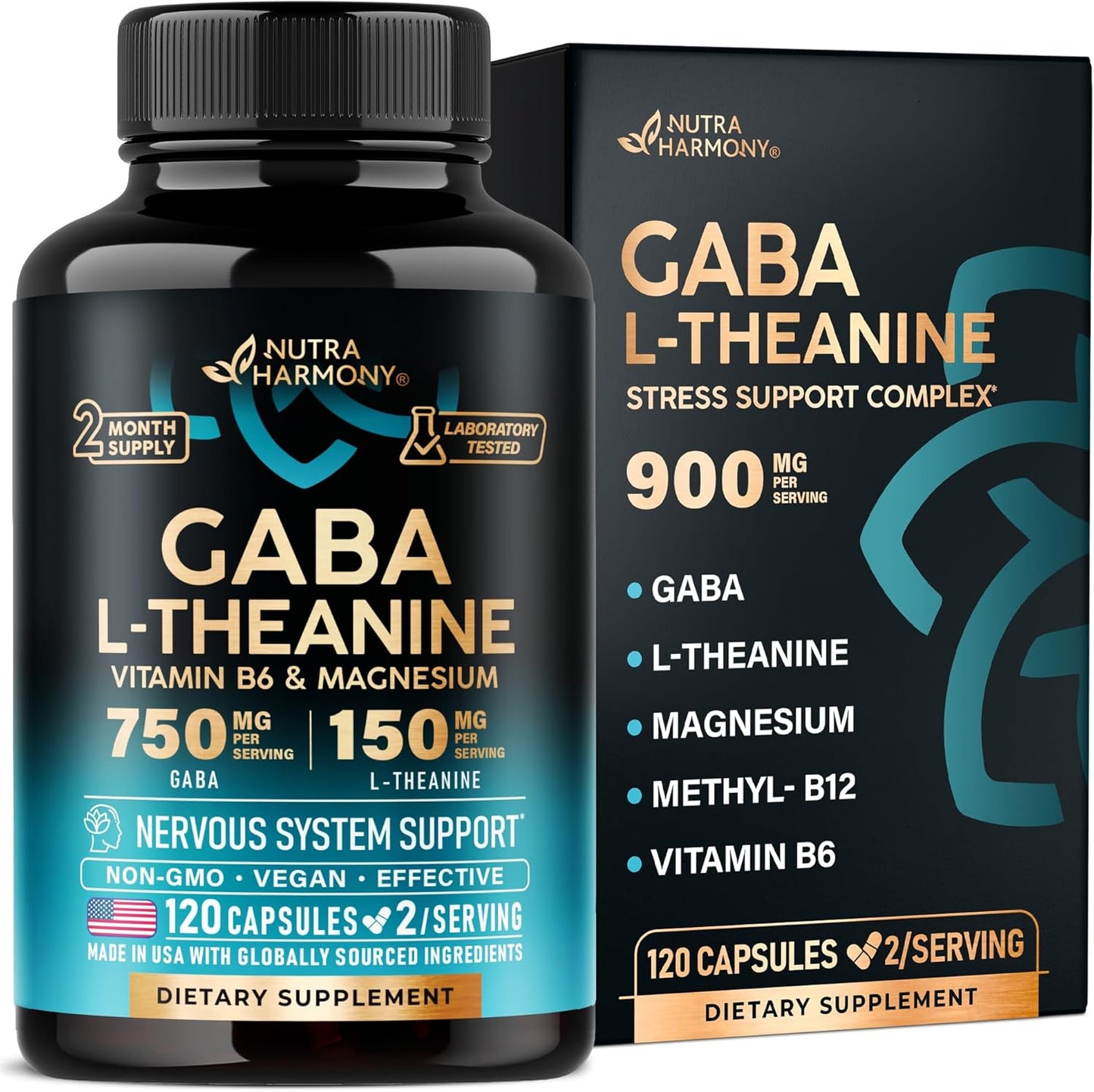 Nutra Harmony - Gaba(750mg) L-theanine(150mg) con vitamina B6 & magnesium - 120 capsulas