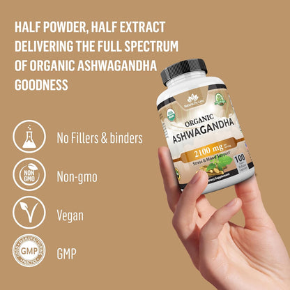 Organic Ashwagandha 2100 mg 100 cápsulas de vegetarianas