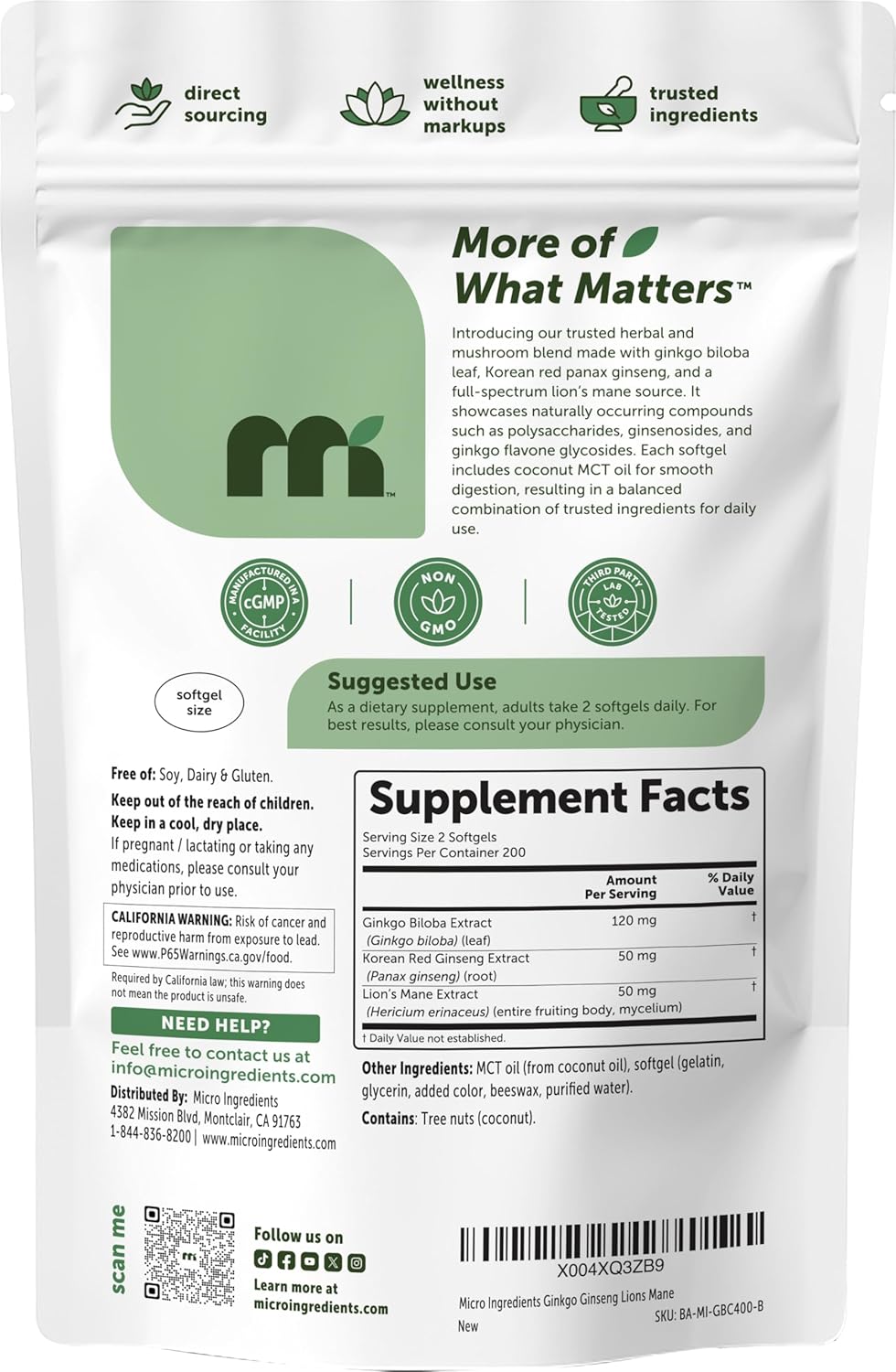 MicroIngredients - Ginkgo Biloba, panax ginseng lions mane con MCT OIl, 400 capsulas