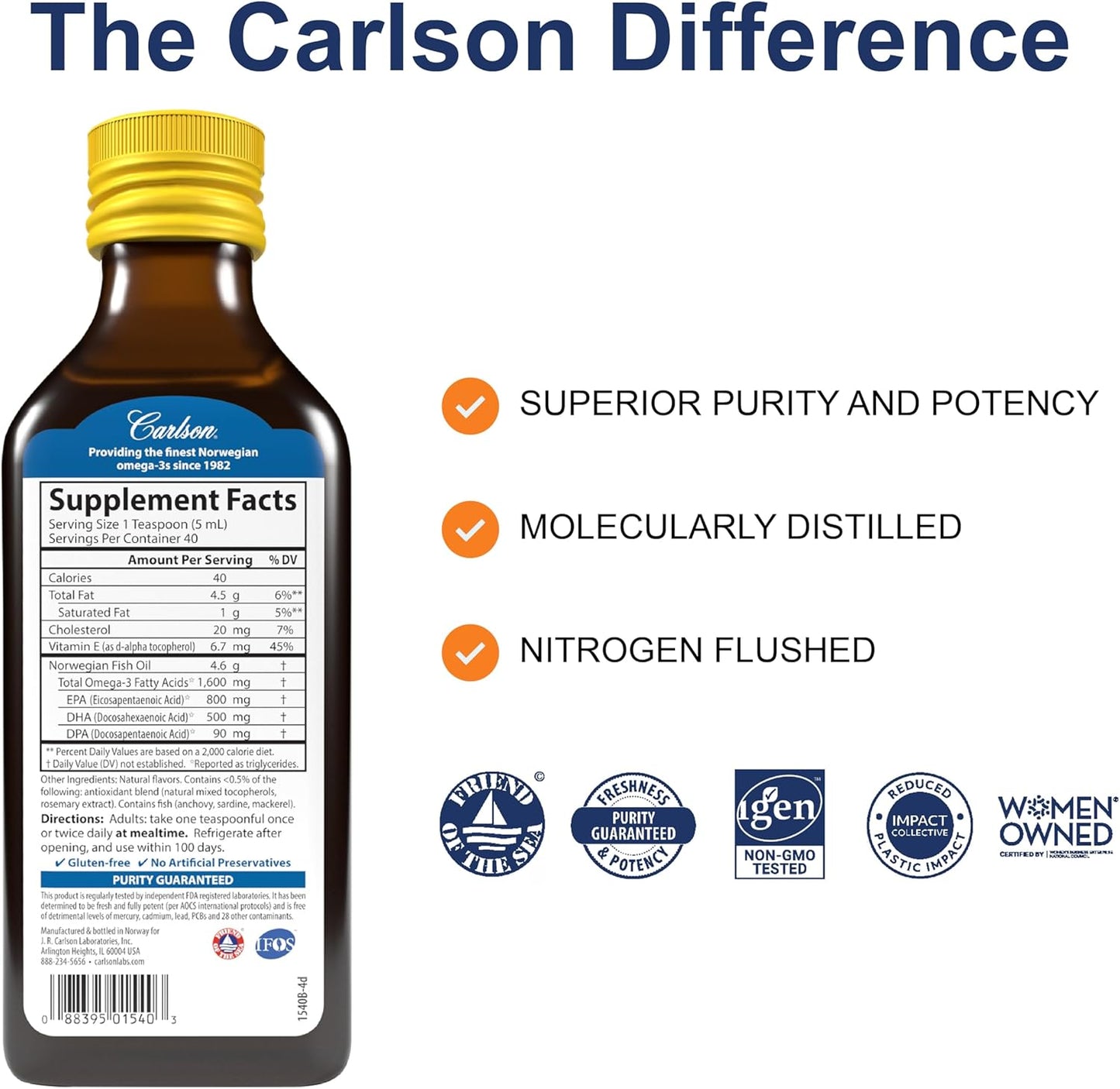 Carlson - El Mejor de Todos los Aceites de Pescado, 1600 mg de Omega-3, 200ml, sabor limon