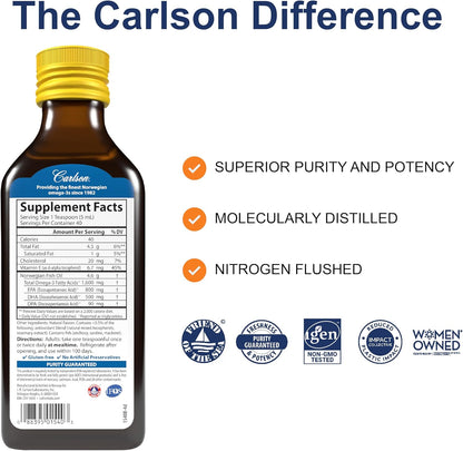 Carlson - El Mejor de Todos los Aceites de Pescado, 1600 mg de Omega-3, 200ml, sabor limon