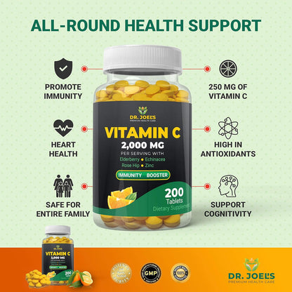 Dr. JOEL'S Vitamina C de apoyo inmunológico 2000 mg - 200 tabletas