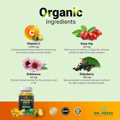 Dr. JOEL'S Vitamina C de apoyo inmunológico 2000 mg - 200 tabletas