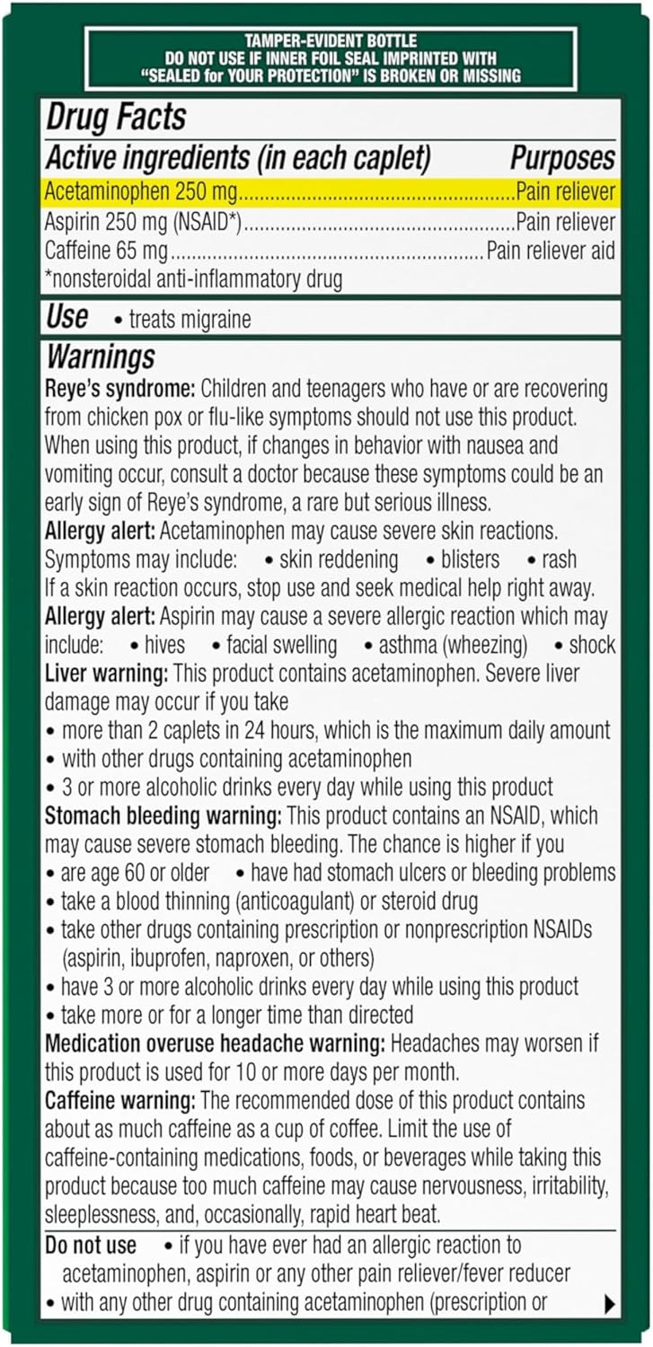 Excedrin Migraña relief, 100 Tabletas
