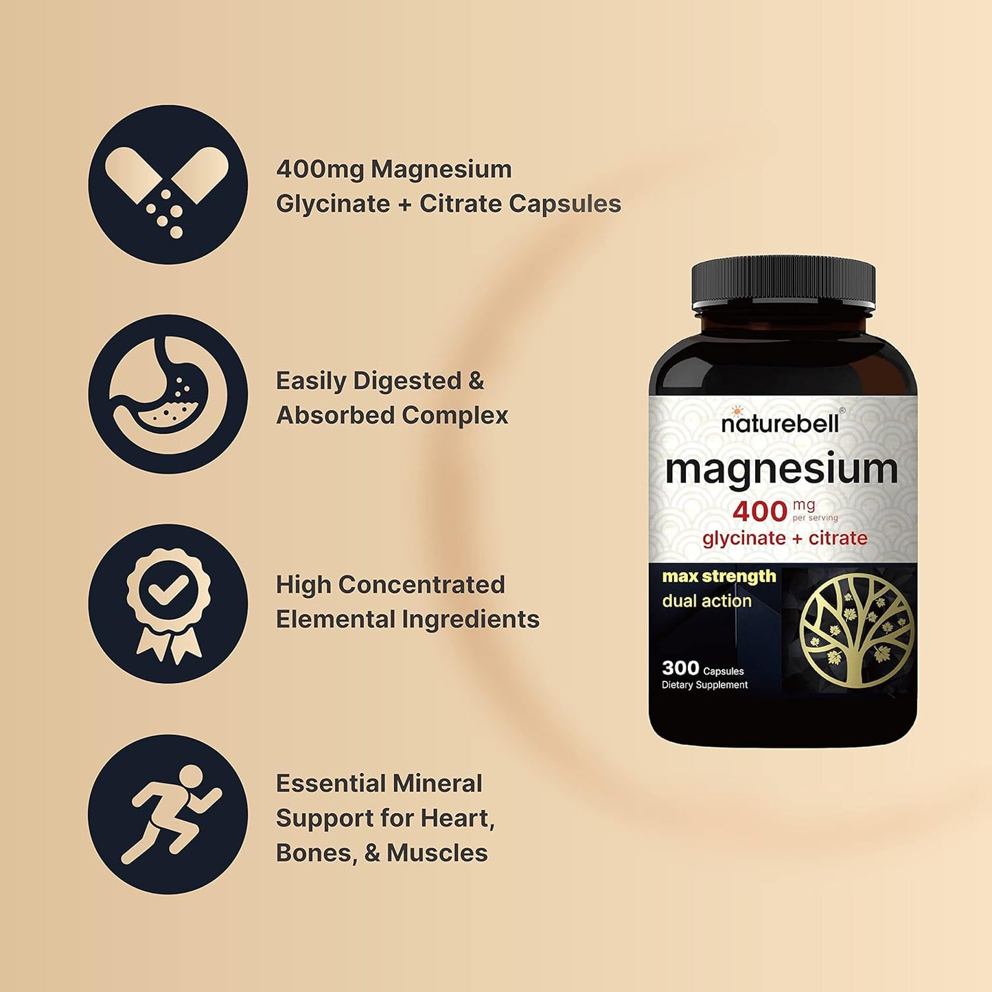 NatureBell Magnesium Complex 400mg Glycinate + Citrate, 300 Capsulas