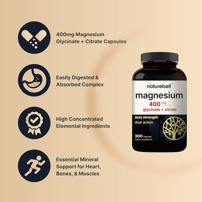 NatureBell Magnesium Complex 400mg Glycinate + Citrate, 300 Capsulas