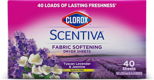 Clorox Scentiva - Hojas de secadora suavizantes de telas, aroma a lavanda toscana y jazmín, 40 Unidades