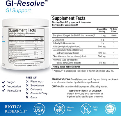 BIOTICS RESEARCH GI Resolve Fórmula avanzada de L-glutamina en polvo, 189gr