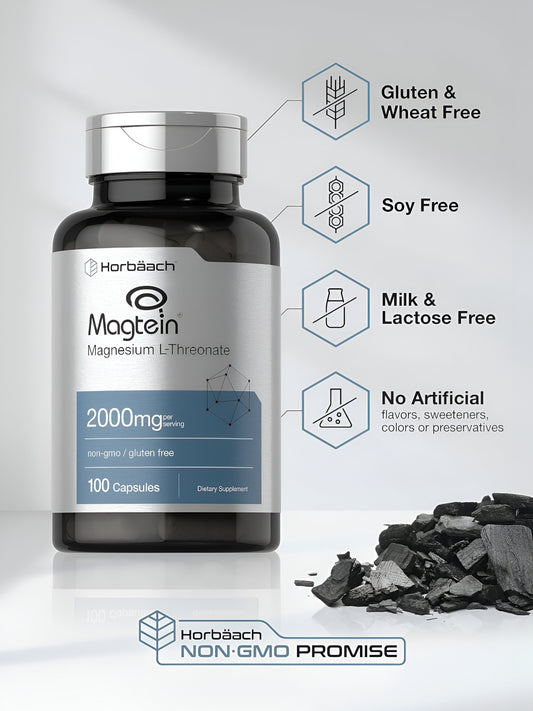Magtein L-Threonate  2000 mg | 100 cápsulas Sin OMG y sin gluten  Horbaach
