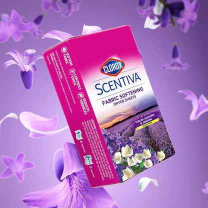 Clorox Scentiva - Hojas de secadora suavizantes de telas, aroma a lavanda toscana y jazmín, 40 Unidades