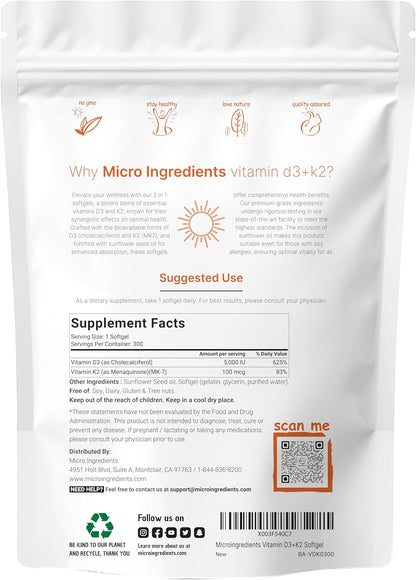 Micro Ingredients - Vitamina D3 5000 UI con K2 100 mcg, 300 cápsulas blandas, K2 MK-7 con suplemento de vitamina D3, 2 en 1, salud inmunitaria,.
