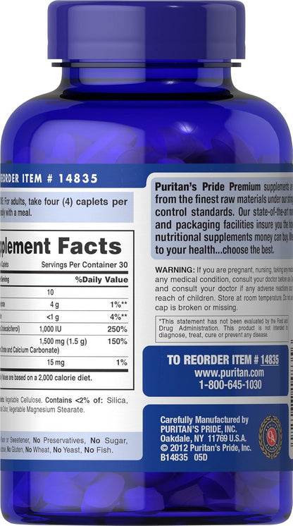 Puritans Pride Premium - Calcium 1500mg plus con Vitamina D3 25mcg(1000IU) - 120 tabletas