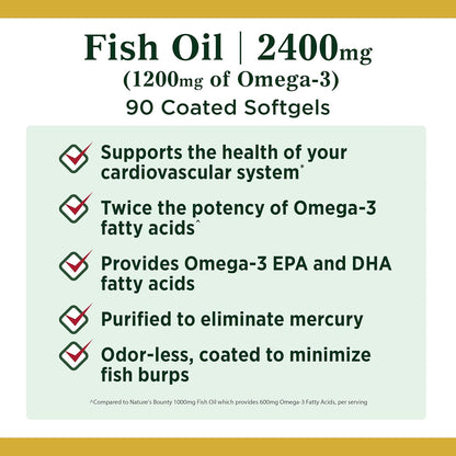 Natures Bounty - Fish oil 2400mg,  1200mg(omega-3) - 90 cápsulas blandas recubiertas