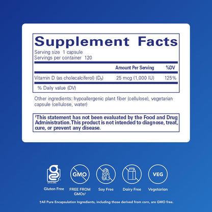 Pure Encapsulations Vitamina D3 25 mcg (1,000 UI) 120 cápsulas