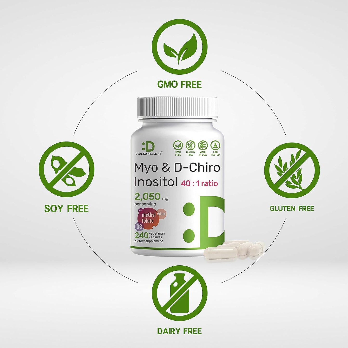 Suplemento de mio-inositol y D-Chiro inositol para mujeres (40:1) | 2,050 mg por porción | 240 cápsulas vegetales