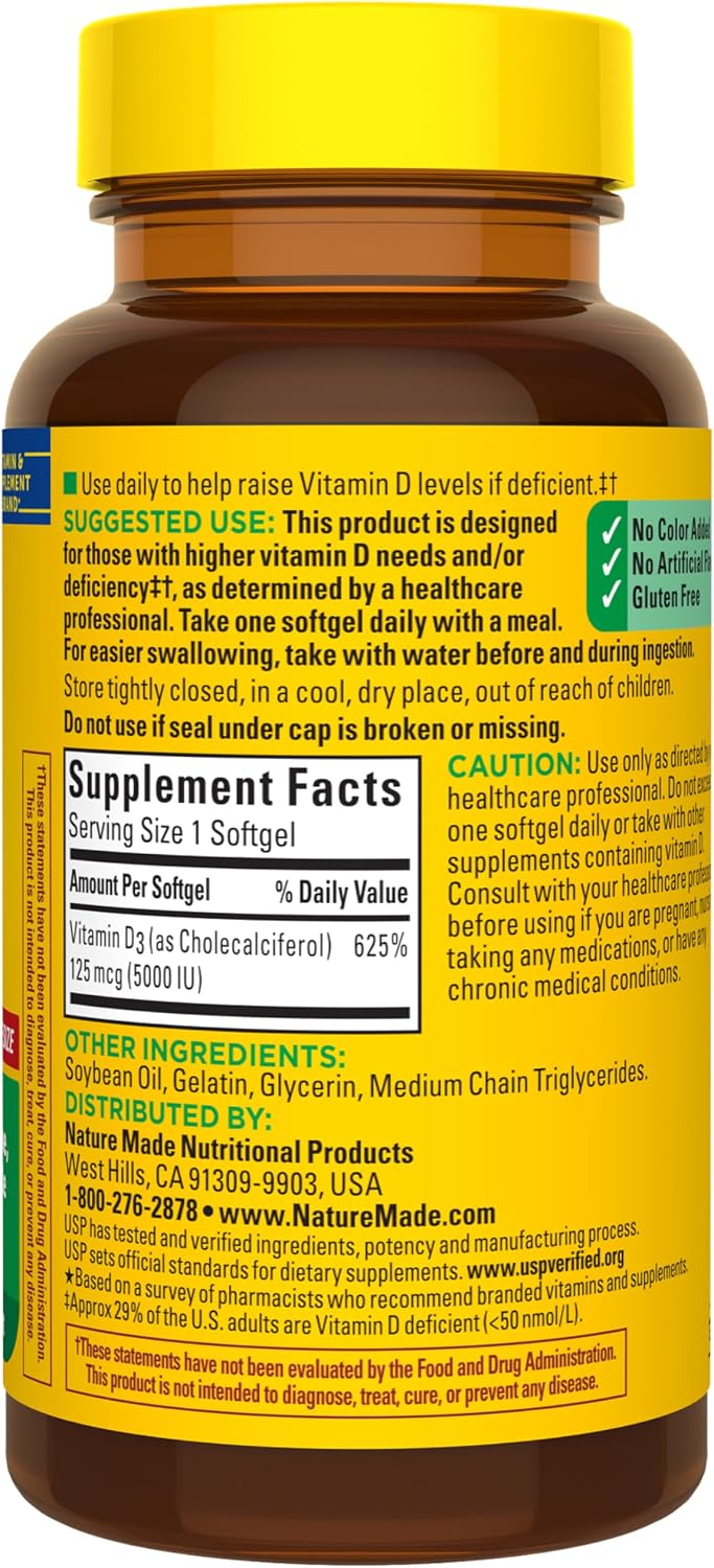 Nature Made - Vitamina D3 extra strength 5000 IU (125 mcg), 180 capsulas