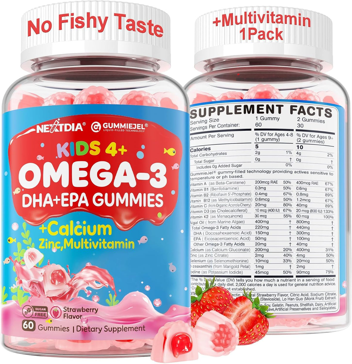 Nextdia Omega 3 (EPA/DHA) para niños y adolescentes, con multivitamínico y calcio - 60 gummies