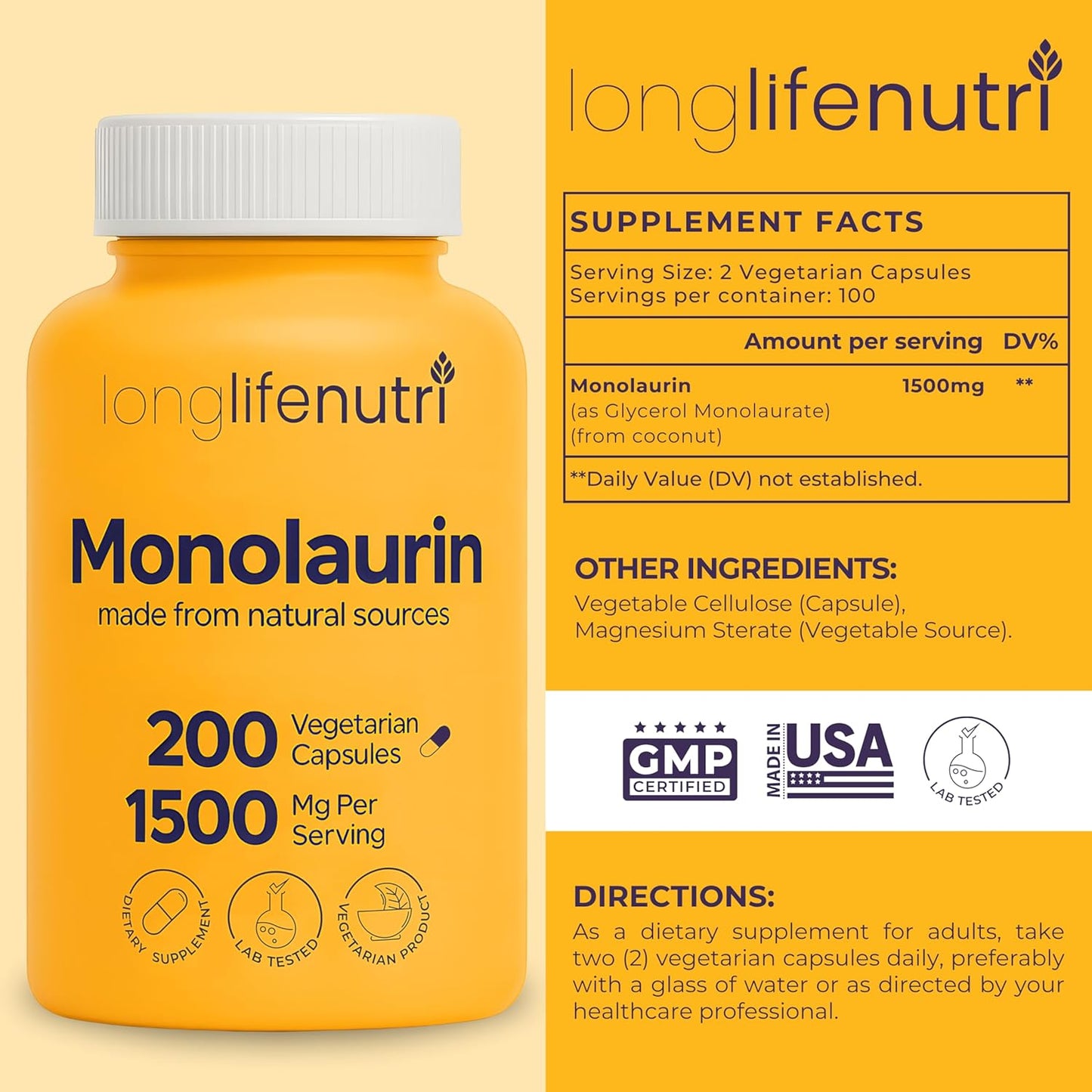 Longlifenutri , vitamina monolaurina de 1500 mg - 200 cápsulas vegetarianas