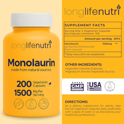 Longlifenutri , vitamina monolaurina de 1500 mg - 200 cápsulas vegetarianas