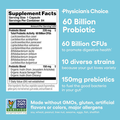Physician's CHOICE 60 billones – 10 cepas + prebióticos orgánicos, 84 capsulas