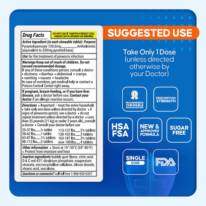 PinRid - Chewable pinworm medicine pyrantel pamoate 720.5mg, 12 tabletas masticables