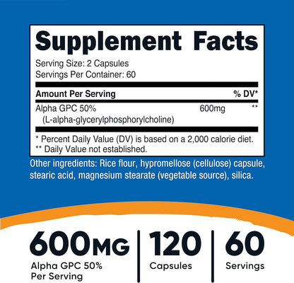 Nutricost Alpha GPC 600 mg por porción, sin OMG y sin gluten