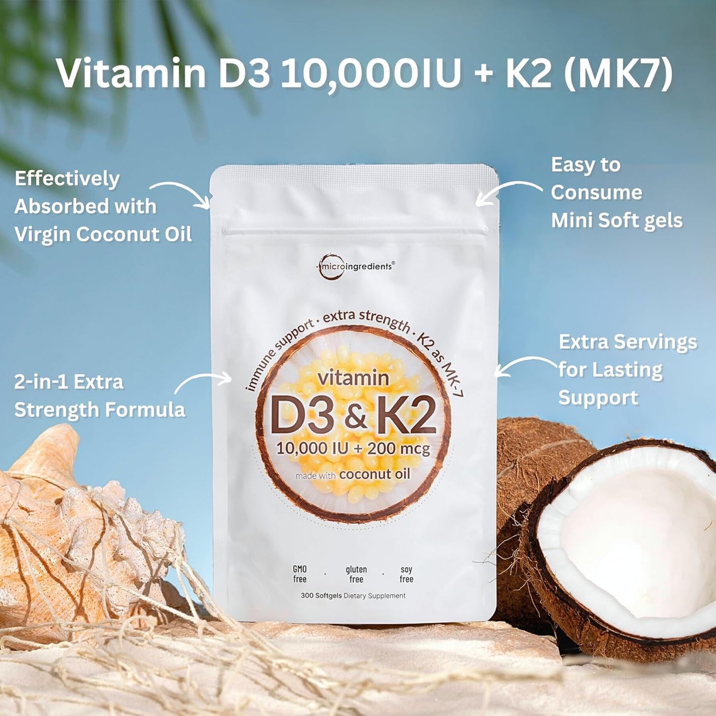 Micro Ingredients - Complejo de vitaminas D3 10,000 UI más K2 (MK-7) 200 mcg, 300 cápsulas blandas