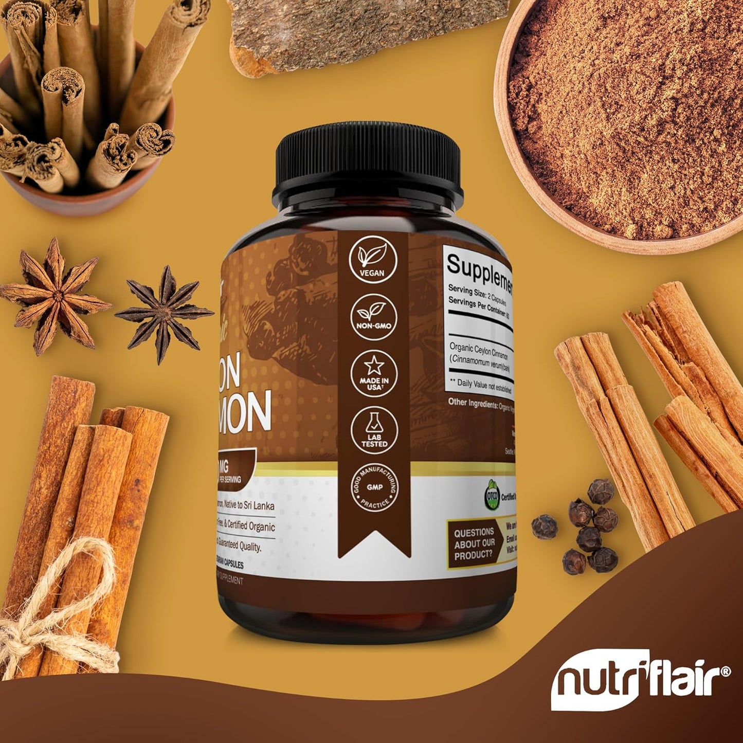 NutriFlair Organic Ceylon Cinnamon 1200mg, 120 Capsulas