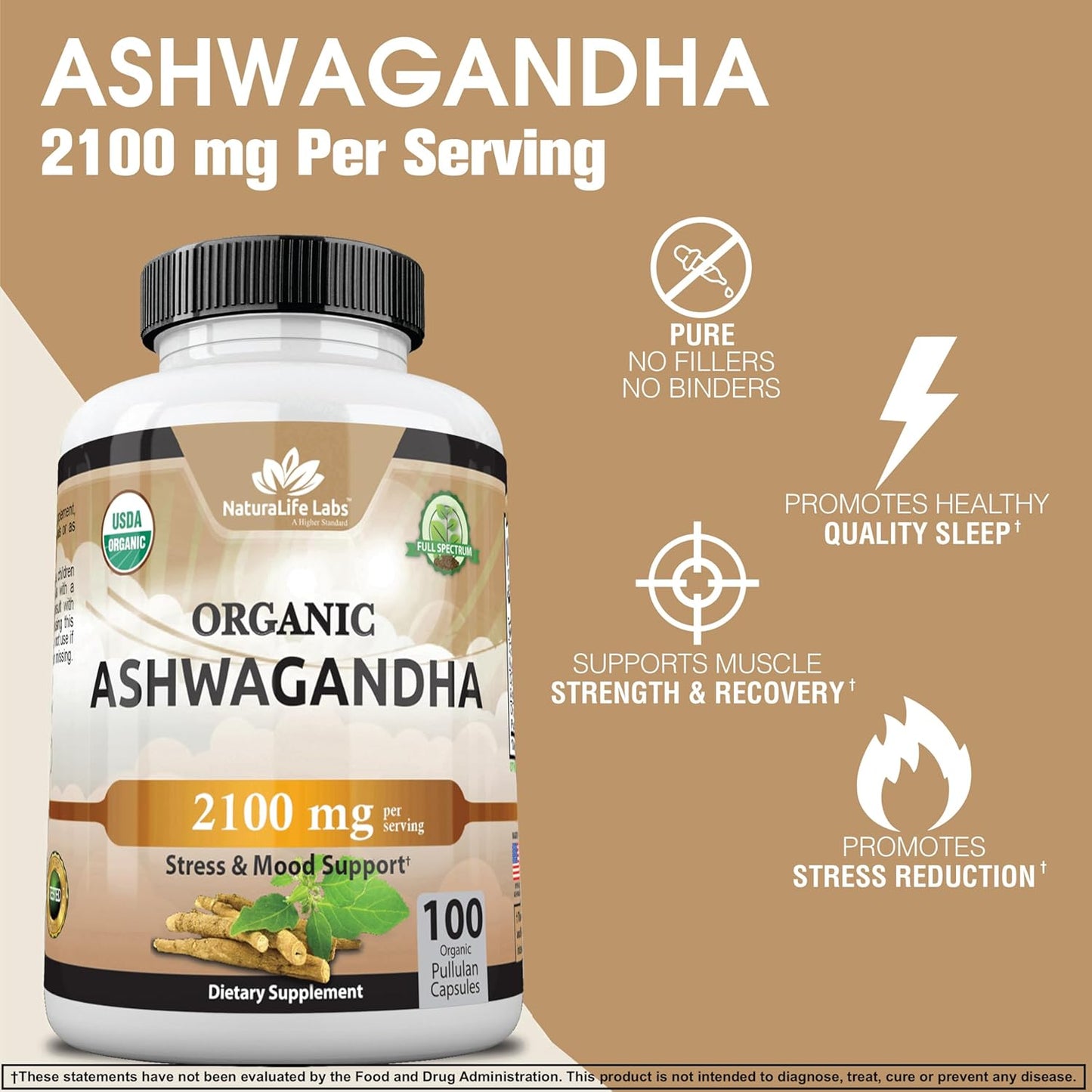 Organic Ashwagandha 2100 mg 100 cápsulas de vegetarianas