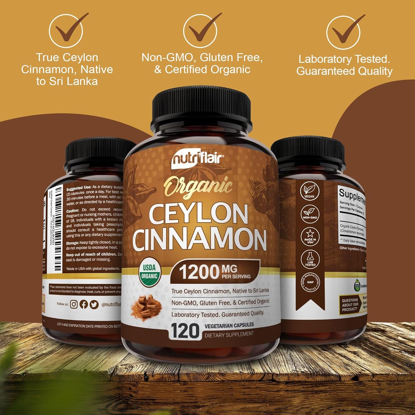 NutriFlair Organic Ceylon Cinnamon 1200mg, 120 Capsulas
