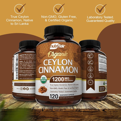 NutriFlair Organic Ceylon Cinnamon 1200mg, 120 Capsulas