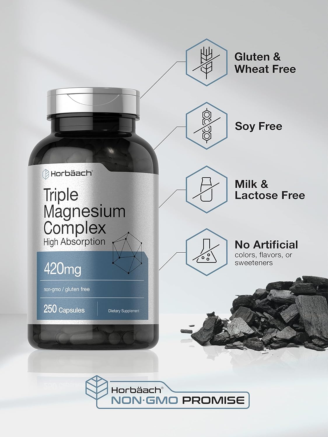 Horbaach - Complejo triple de magnesio | 420 mg | 250 cápsulas - Suplemento dietético de óxido de magnesio, citrato y aspartato