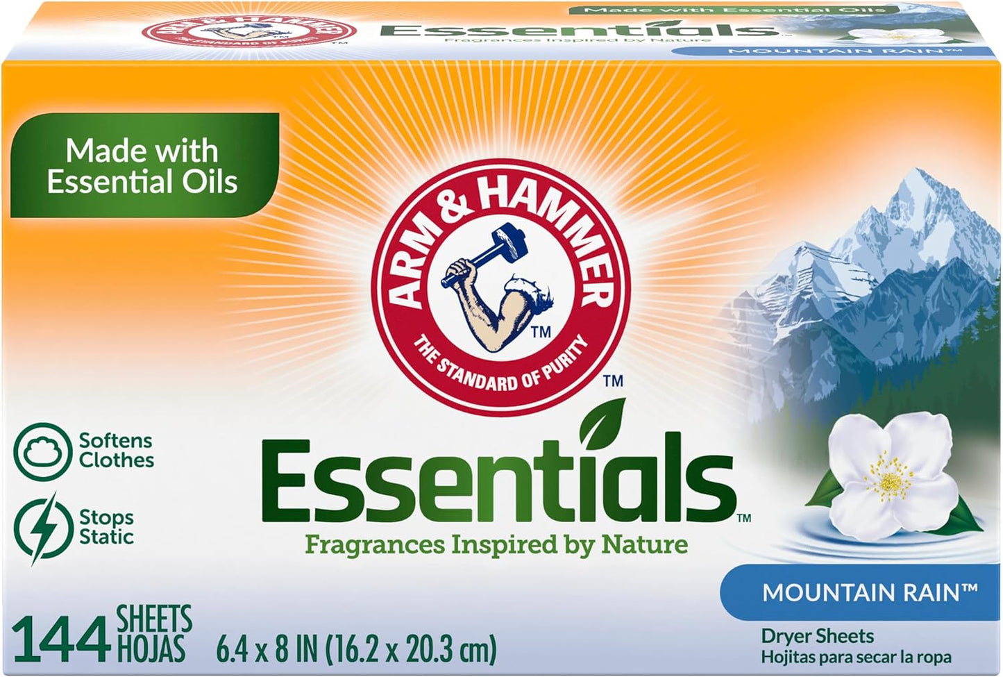 ARM & HAMMER Hojas suavizantes de tela, lluvia de montaña 144 unidades
