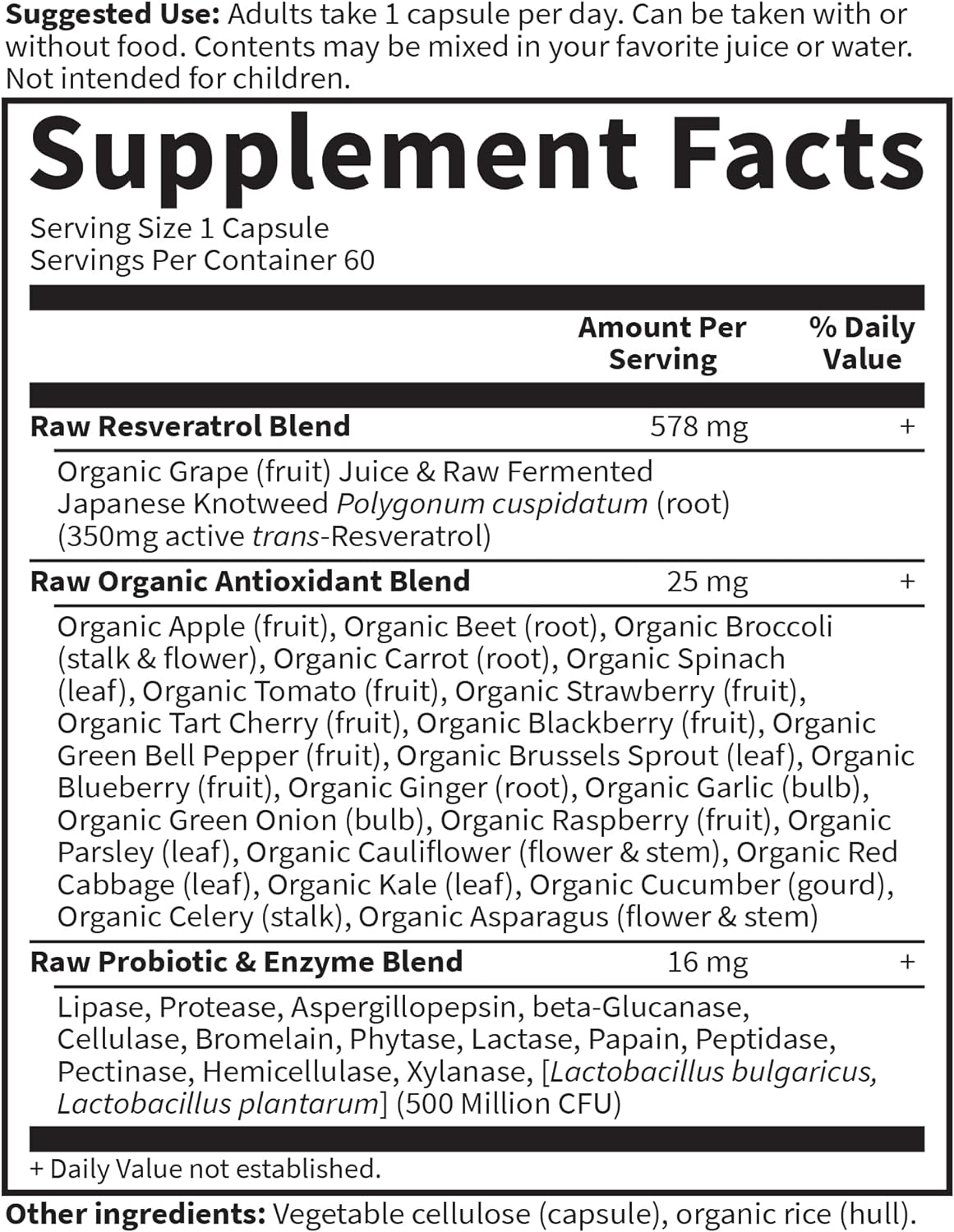 Garden of Life Resveratrol . potente apoyo antioxidante con 350 mg de trans-resveratrol fermentado crudo más probióticos y enzimas para la salud cardíaca y el envejecimiento , 60 cápsulas