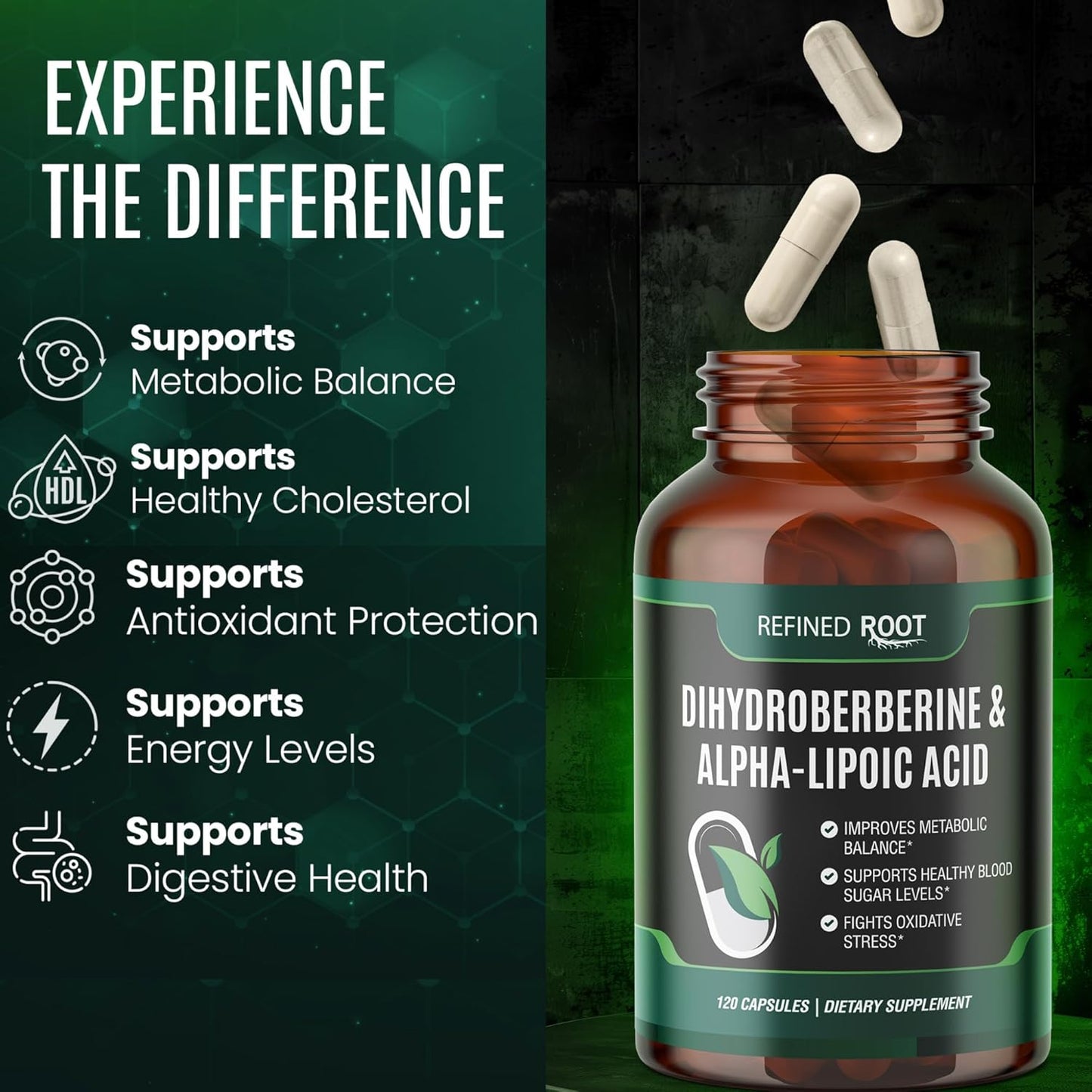 dihidroberberina de raíz refinada de 300 mg con ácido alfa lipoico de 600 mg, 120 capsulas
