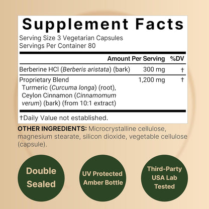 NatureBell-  Berberine 1,500mg con Ceylon Cinnamon y Turmeric Root, 240 capsulas vegetarianas
