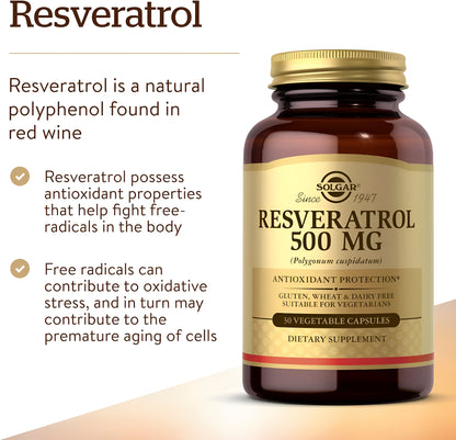 Solgar Resveratrol 500 mg, 30 cápsulas vegetales - protección antioxidante, sin gluten, sin lácteos