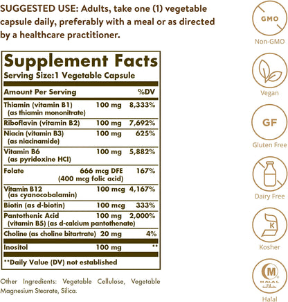 Solgar B-Complex"100", 100 cápsulas vegetales – Salud del corazón – Apoyo del sistema nervioso